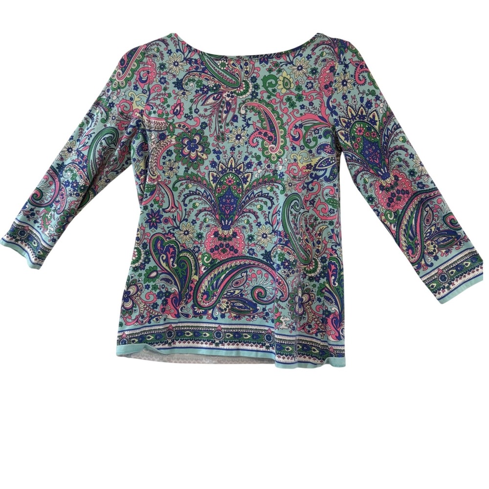 Talbots Colorful Paisley Pastel Floral Top S Preppy  3/4 Sleeve Tee S Cotton
